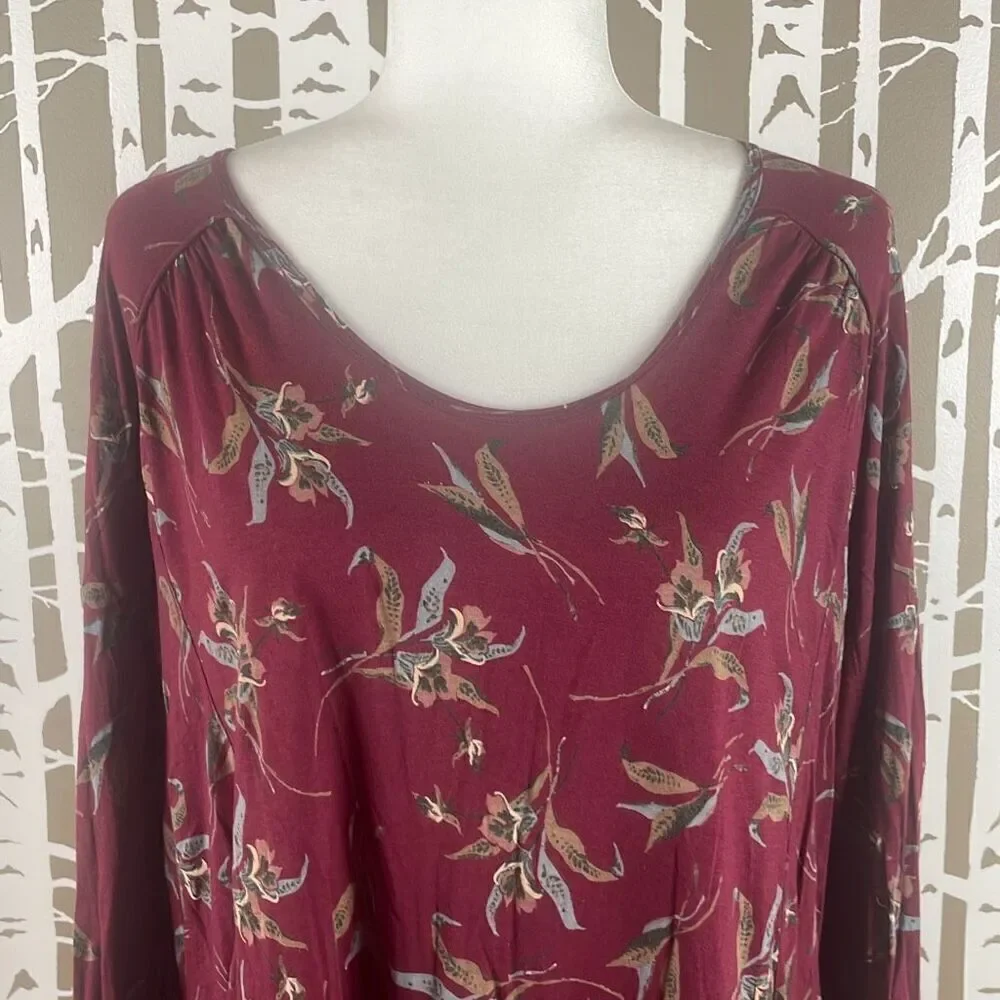 Free People Burgundy Floral Print Open Draped Back Long Sleeve Top S